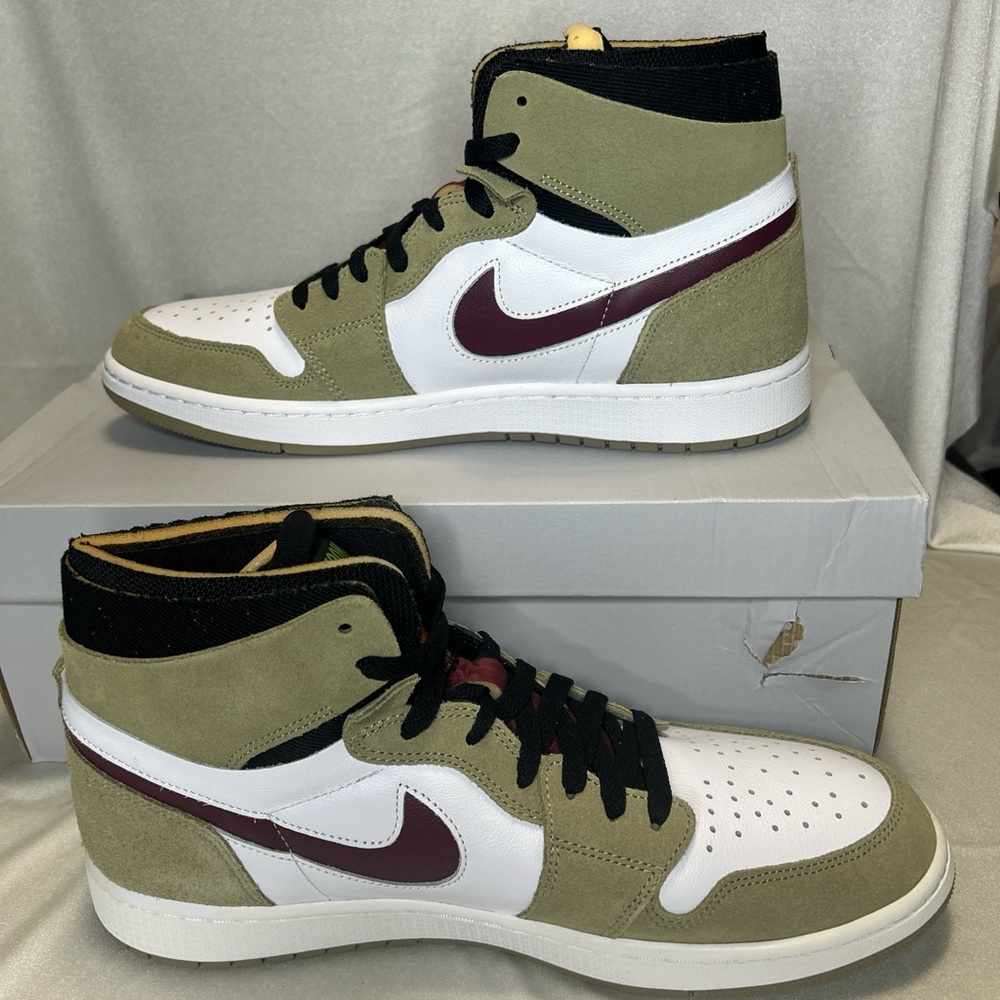 Jordan 1 Mid Zoom Olive and White High-Top Sneakers